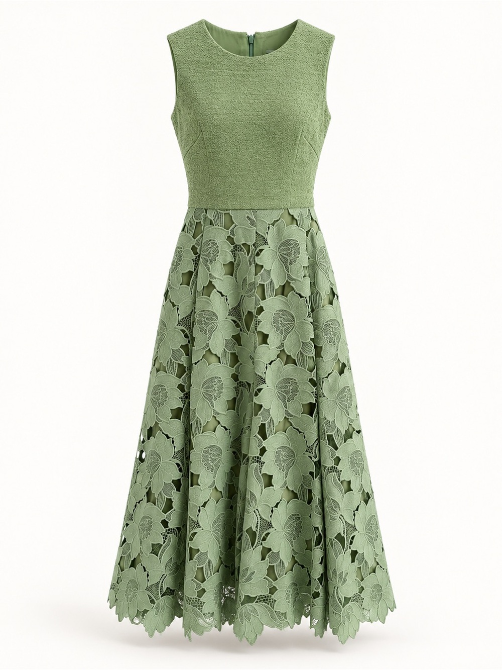 Oscar de la Renta Light Green Lace Fit-and-Flare Midi Dress
